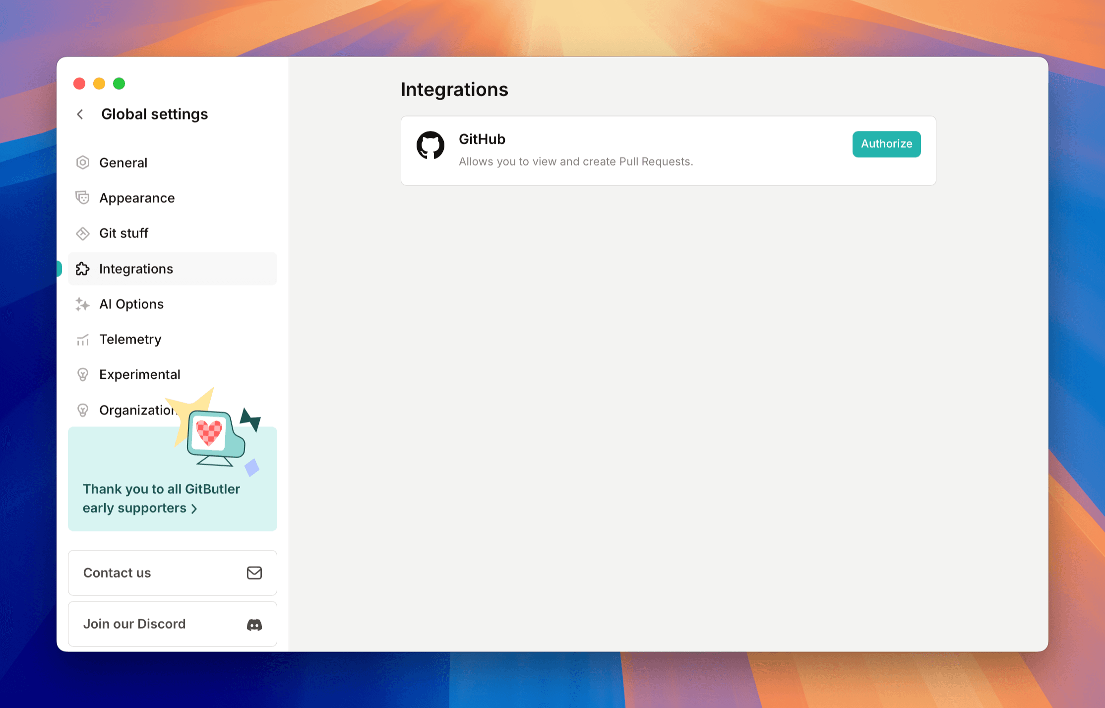 GitHub authentication via the Integrations settings tab